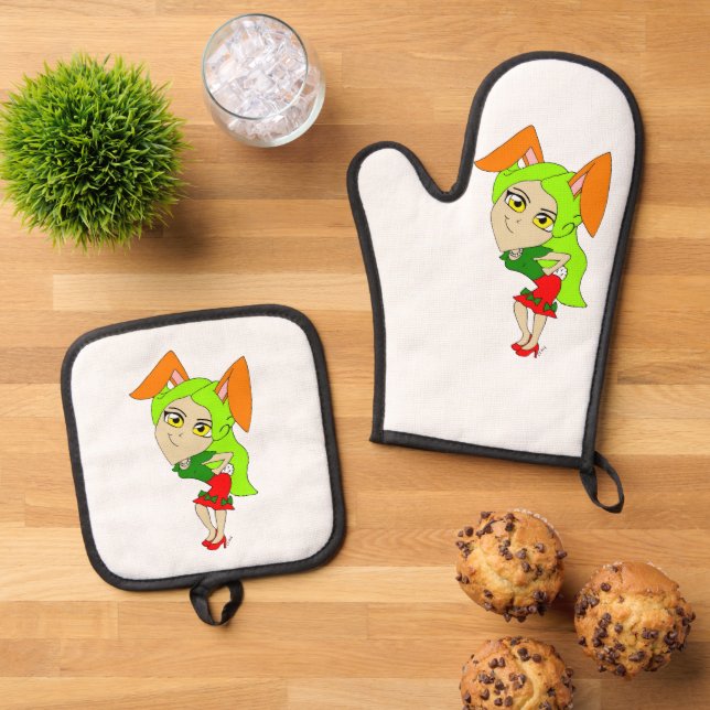 chibi bunnygirl      oven mitt & pot holder set (Top Down)