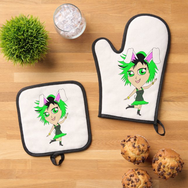 chibi bunnygirl     oven mitt & pot holder set (Top Down)