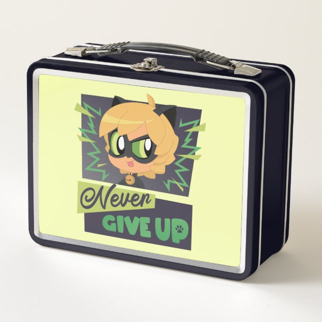 Chibi Cat Noir Never Give Up Metal Lunch Box (Front)