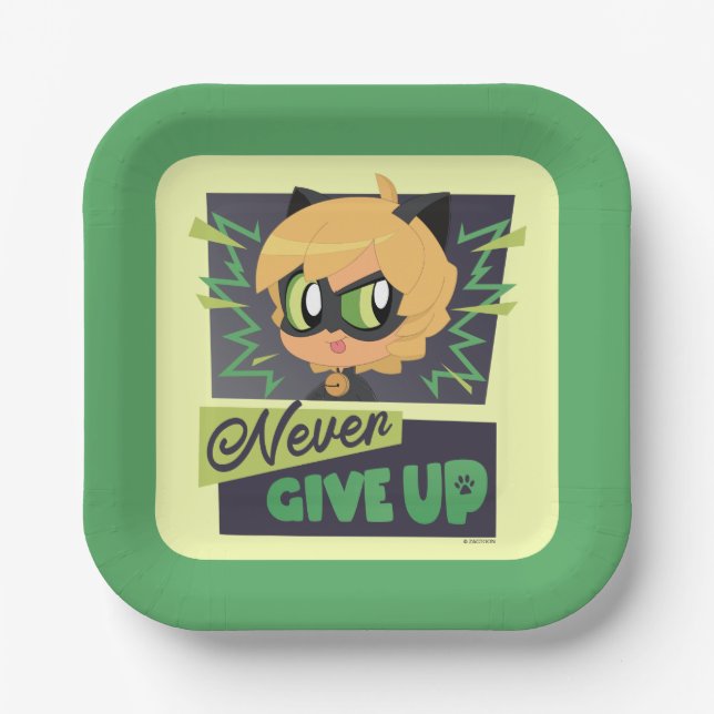 Chibi Cat Noir Never Give Up Paper Plate (Front)