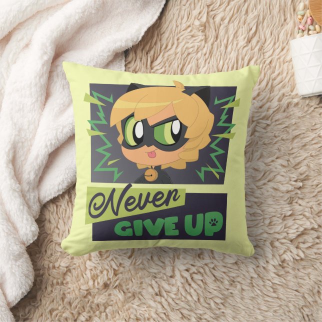 Chibi Cat Noir Never Give Up Throw Pillow (Blanket)