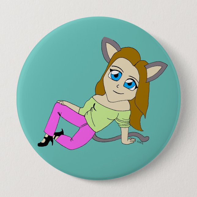 chibi catgirl  4 inch round button (Front)