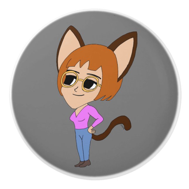 chibi catgirl  ceramic knob (Front)