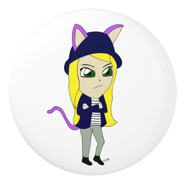chibi catgirl   ceramic knob (Front)