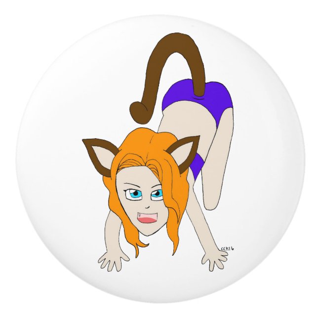 chibi catgirl  ceramic knob (Front)