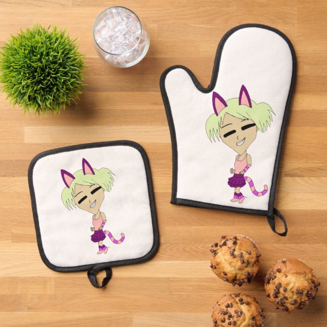 chibi catgirl    oven mitt & pot holder set (Top Down)