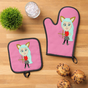 chibi catgirl  oven mitt & pot holder set