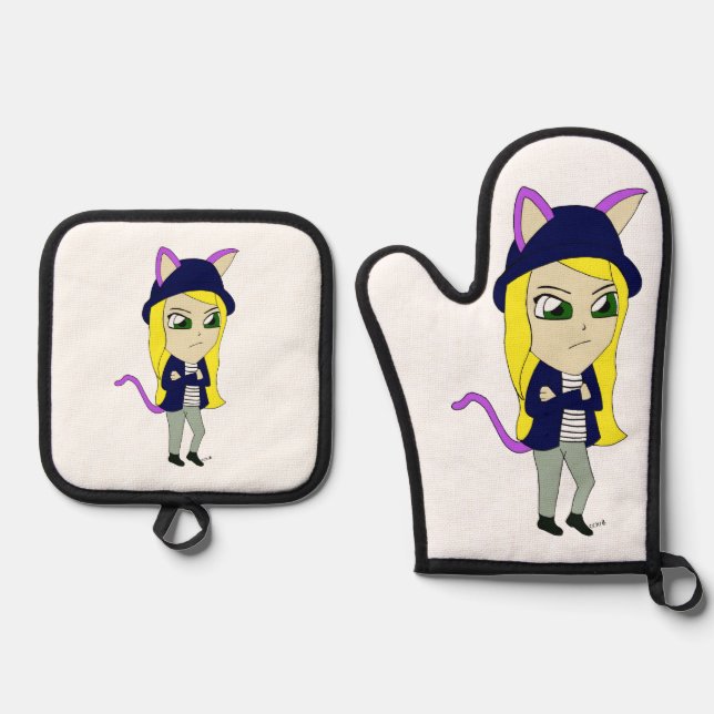 chibi catgirl  oven mitt & pot holder set (Front)