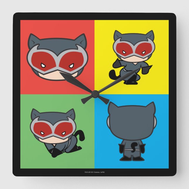 Chibi Catwoman Character Poses Square Wall Clock (Front)