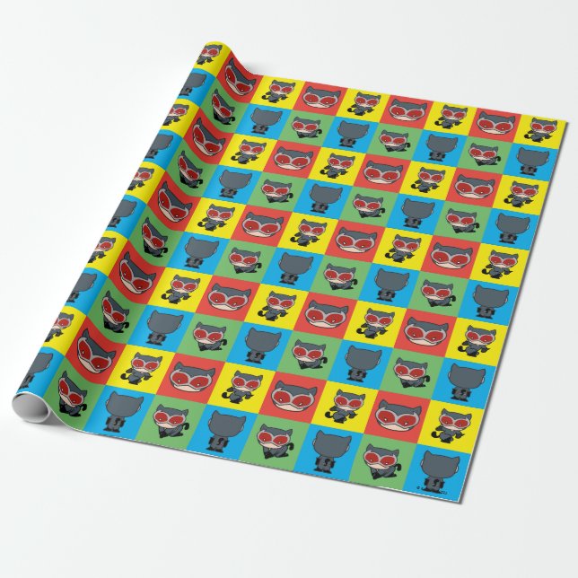 Chibi Catwoman Character Poses Wrapping Paper (Unrolled)