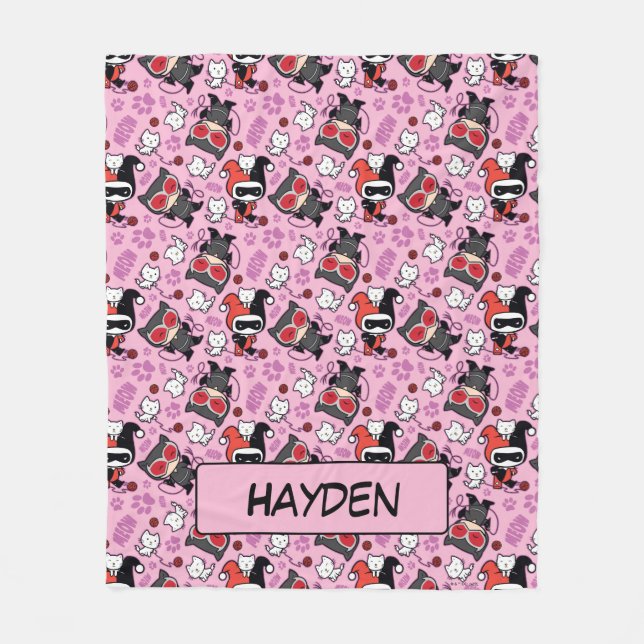Chibi Catwoman, Harley Quinn, & Kittens Pattern Fleece Blanket (Front)