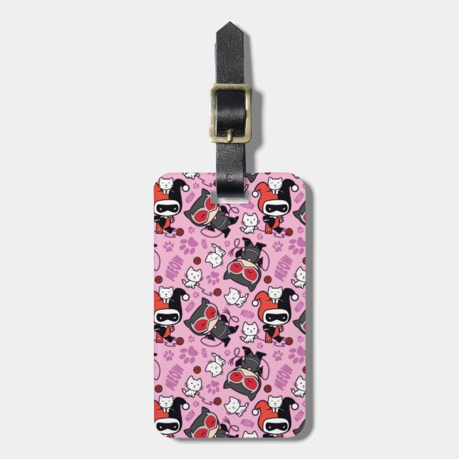 Chibi Catwoman, Harley Quinn, & Kittens Pattern Luggage Tag (Front Vertical)
