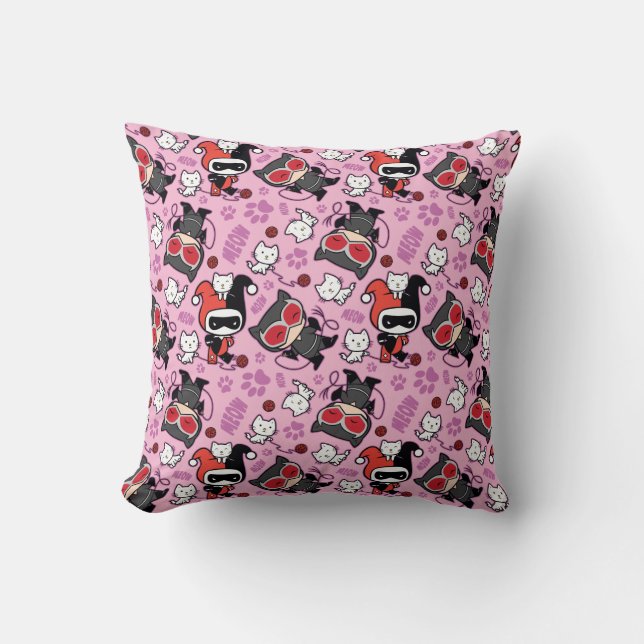 Chibi Catwoman, Harley Quinn, & Kittens Pattern Throw Pillow (Front)