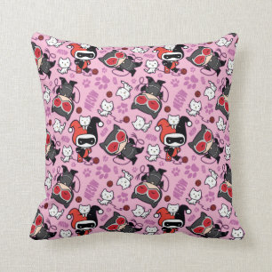 Chibi Catwoman, Harley Quinn, & Kittens Pattern Throw Pillow