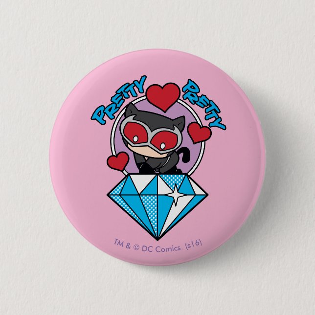 Chibi Catwoman Sitting Atop Large Diamond 2 Inch Round Button (Front)