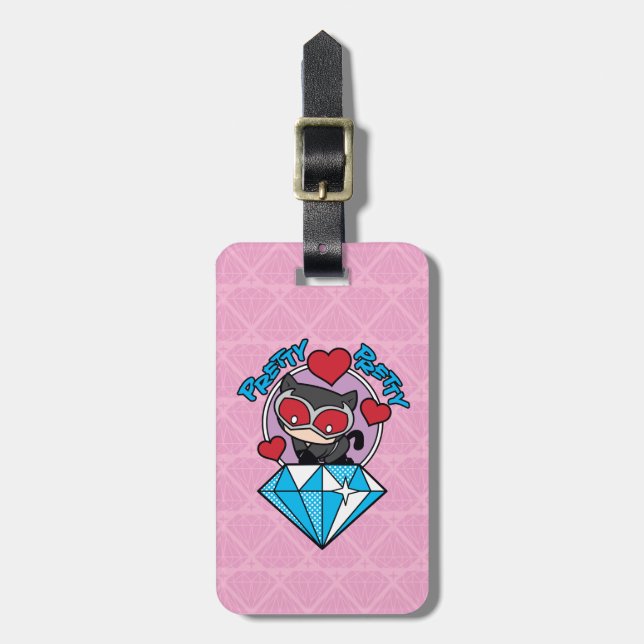 Chibi Catwoman Sitting Atop Large Diamond Luggage Tag (Front Vertical)