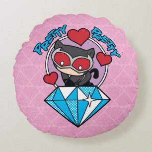 Chibi Catwoman Sitting Atop Large Diamond Round Pillow
