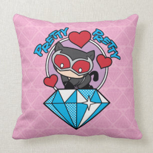 Chibi Catwoman Sitting Atop Large Diamond Throw Pillow