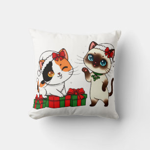 Chibi Christmas Cats with Presents Throw Pillow