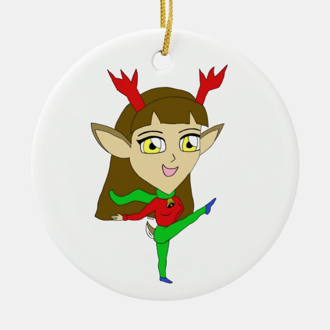 chibi dancing reindeer girl     ceramic ornament (Front)