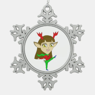 chibi dancing reindeer girl snowflake pewter christmas ornament
