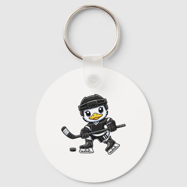 Chibi Duck Playing Ice Hockey Cute Design  Keychain (Front)