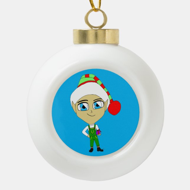 chibi elf     ceramic ball christmas ornament (Front)