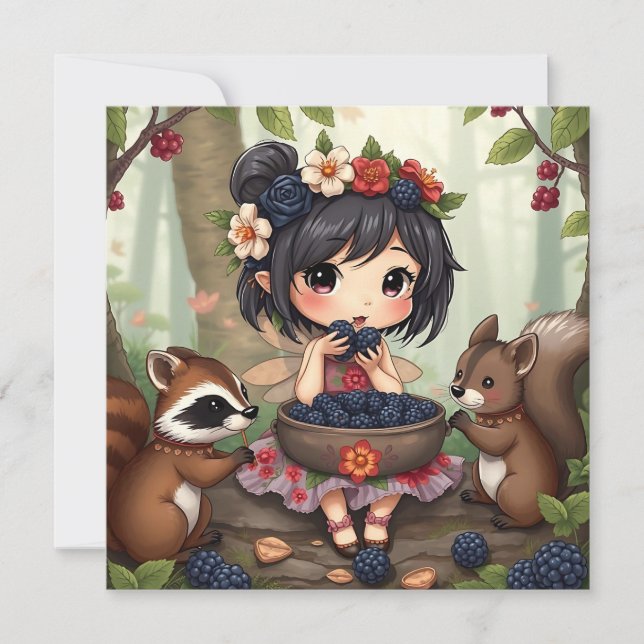 Chibi Fairy and Forest Animals Blank Card (Front)