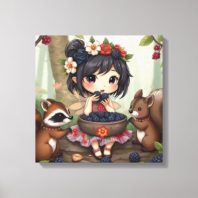 Chibi Fairy Eating Blackberries with Forest Friend Canvas Print (Front)