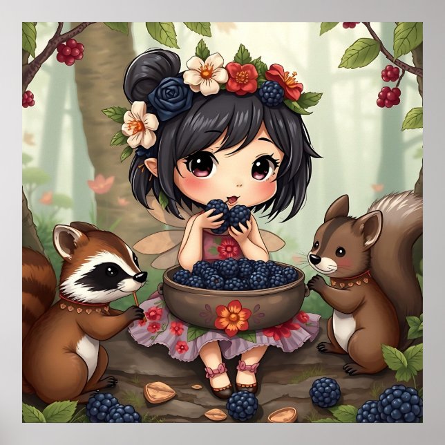 Chibi Fairy Eating Blackberries with Forest Friend Poster (Front)