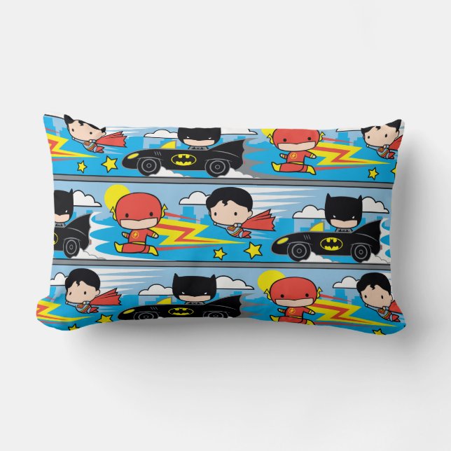 Chibi Flash, Superman, and Batman Racing Pattern Lumbar Pillow (Front)