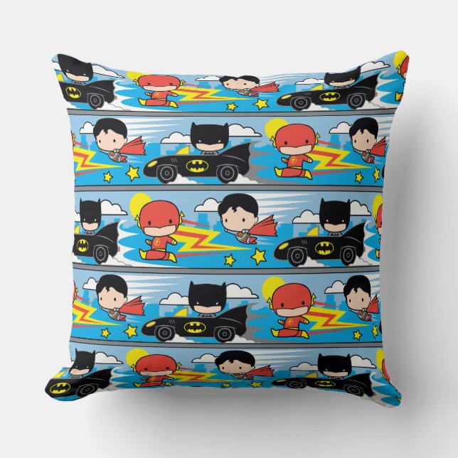 Chibi Flash, Superman, and Batman Racing Pattern Throw Pillow (Front)