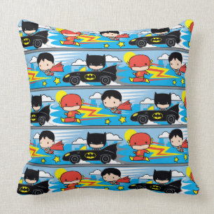 Chibi Flash, Superman, and Batman Racing Pattern Throw Pillow