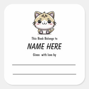 Chibi Ginger Cat Children's Bookplate With Message Square Sticker