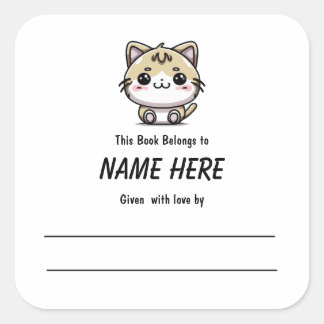 Chibi Ginger Cat Children's Bookplate With Message Square Sticker