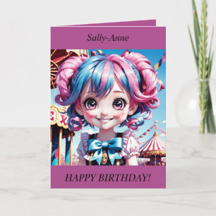 Chibi Girl pink/blue hair smiling Birthday Card