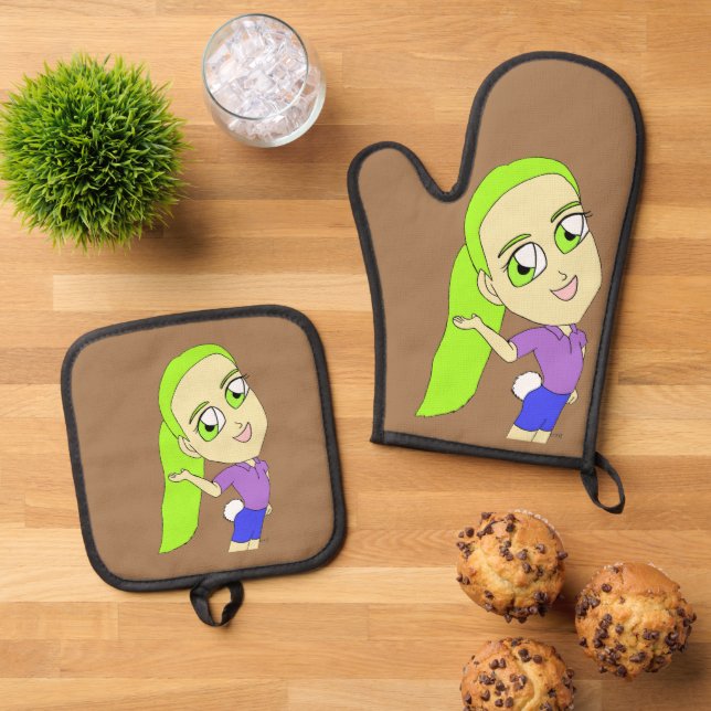 chibi girl with a bunny tail   oven mitt & pot holder set (Top Down)