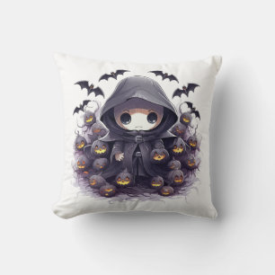 Chibi Grim Reaper Halloween - Adorable Dark Fantas Throw Pillow