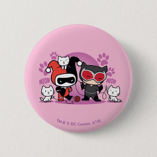 Chibi Harley Quinn & Chibi Catwoman With Cats 2 Inch Round Button (Front)