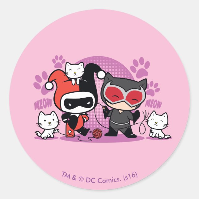 Chibi Harley Quinn & Chibi Catwoman With Cats Classic Round Sticker (Front)