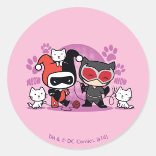 Chibi Harley Quinn & Chibi Catwoman With Cats Classic Round Sticker