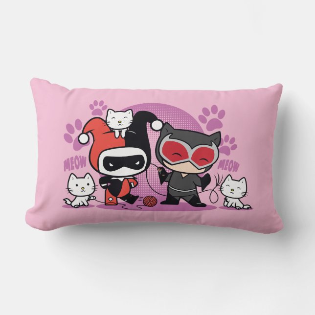 Chibi Harley Quinn & Chibi Catwoman With Cats Lumbar Pillow (Front)