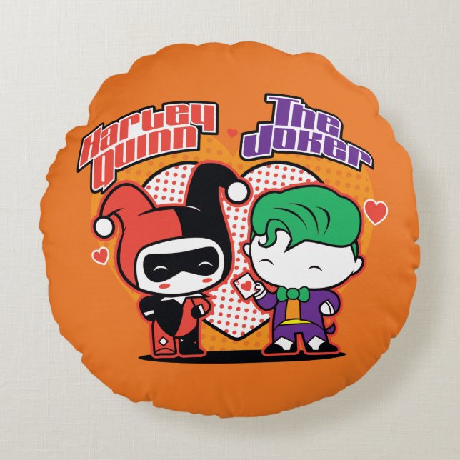 Chibi Harley Quinn & Chibi Joker Hearts Round Pillow (Front)