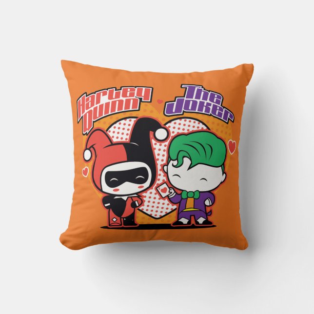 Chibi Harley Quinn & Chibi Joker Hearts Throw Pillow (Front)