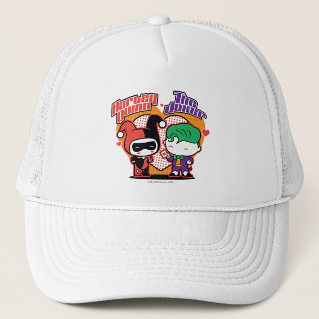 Chibi Harley Quinn & Chibi Joker Hearts Trucker Hat (Front)