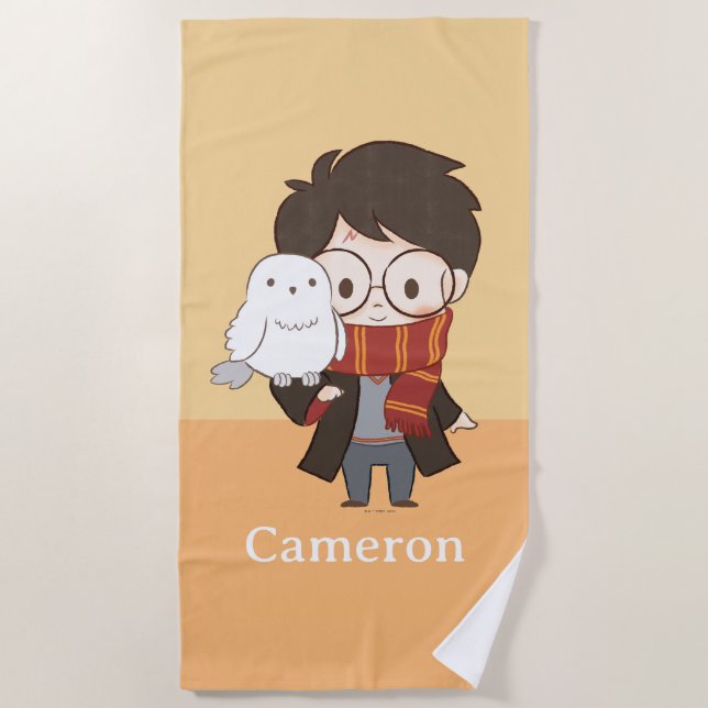 Chibi HARRY POTTER™ & Hedwig Beach Towel (Front)