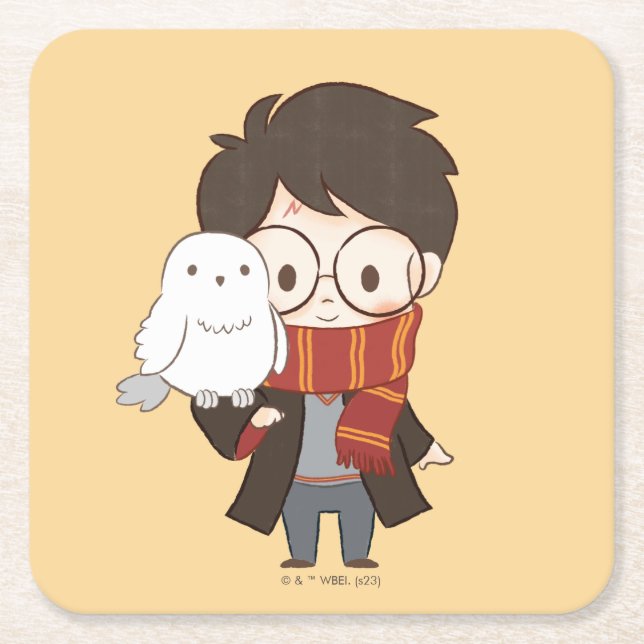 Chibi HARRY POTTER™ & Hedwig Square Paper Coaster (Front)
