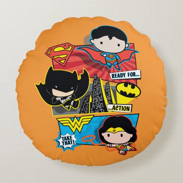 Chibi Heroes Ready For Action! Round Pillow (Front)