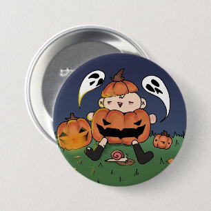 Chibi in Pumpkin Costume, Halloween Theme Button