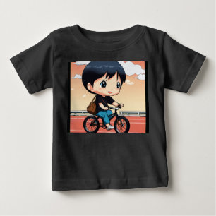 Chibi Japanese Man on Bicycle in Black T-Shirt